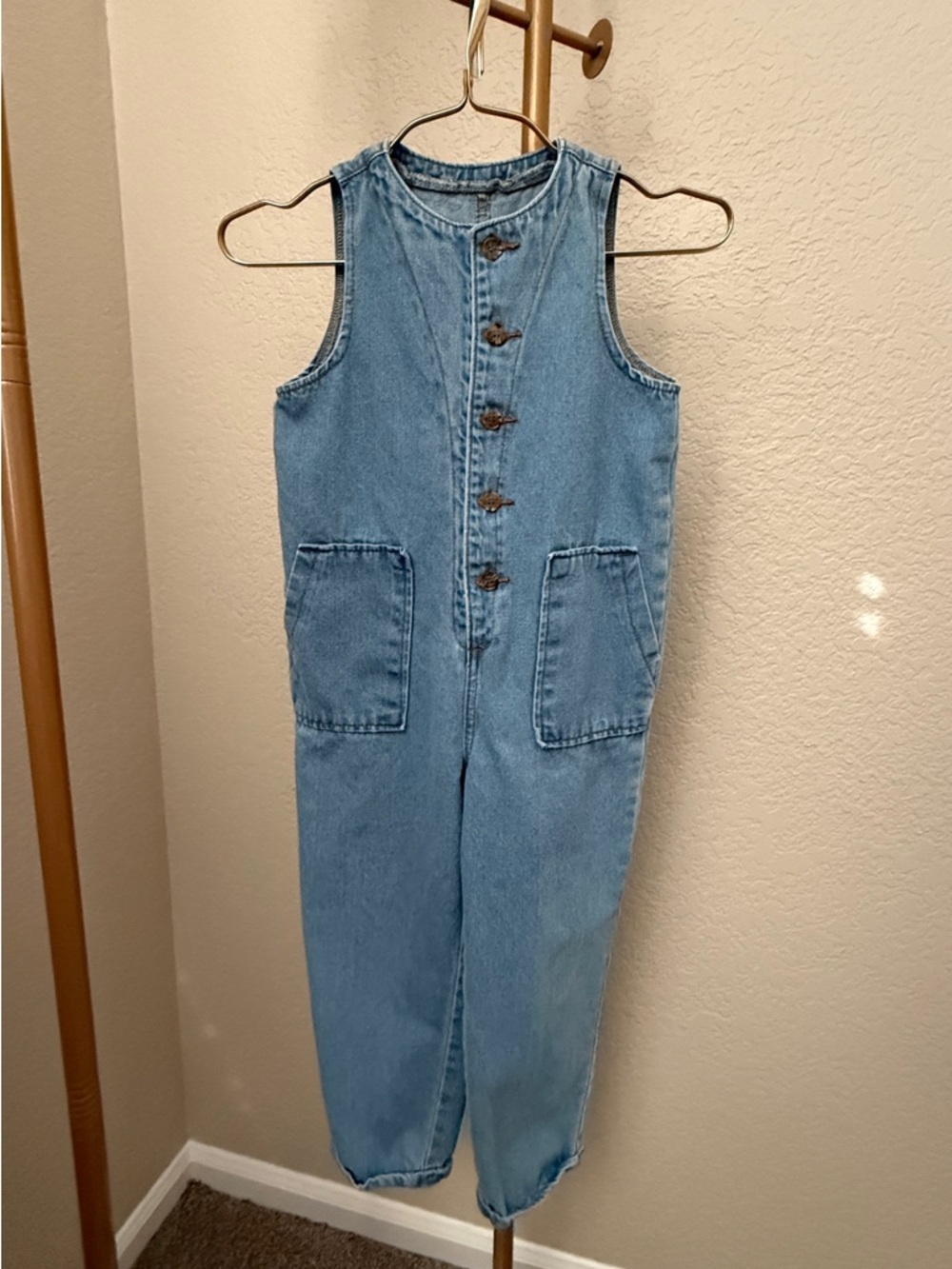 Kids Light Wash Denim Button-Front Jumpsuit